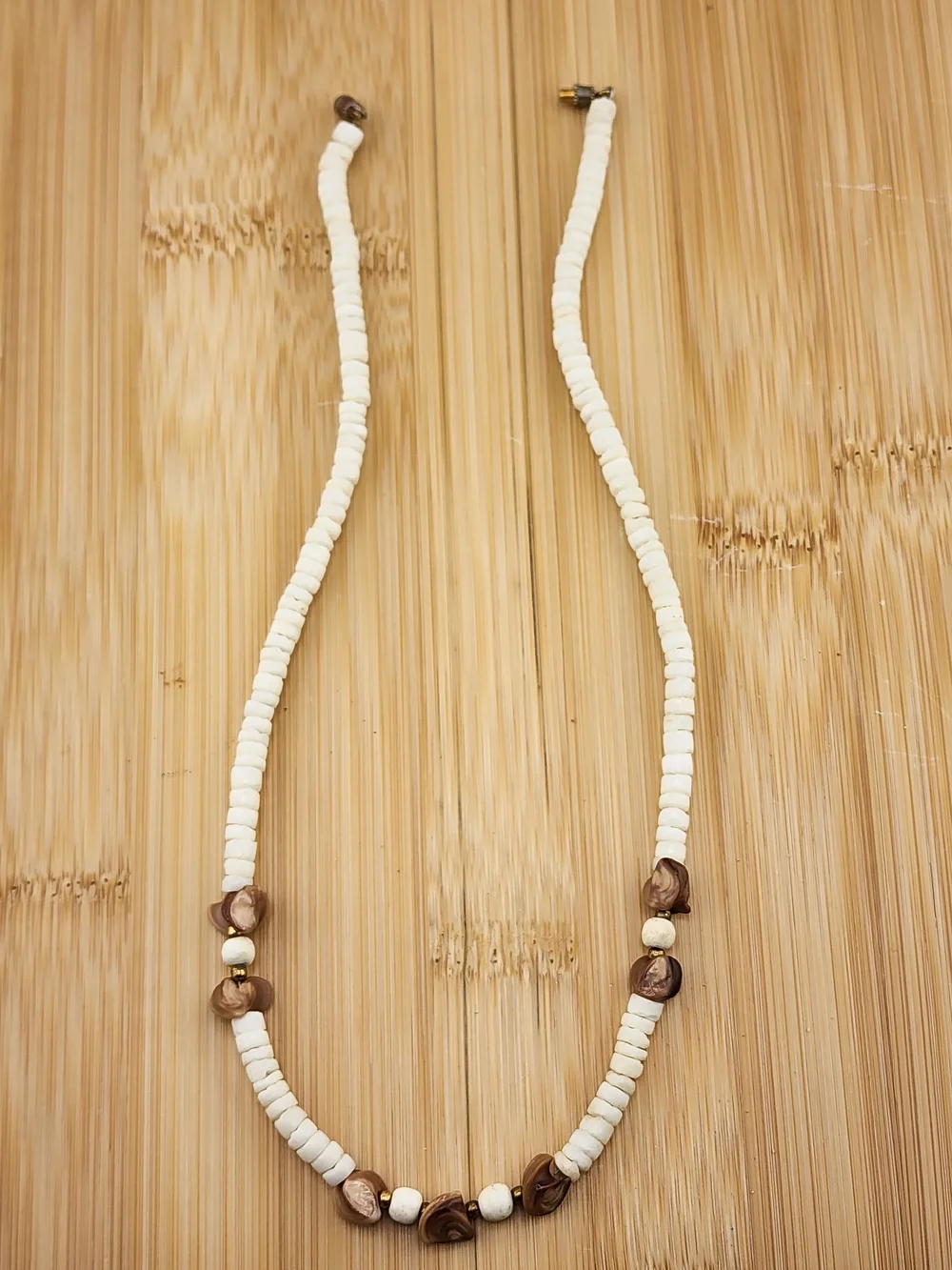 17in Handmade White and Brown Beaded Necklace 0547